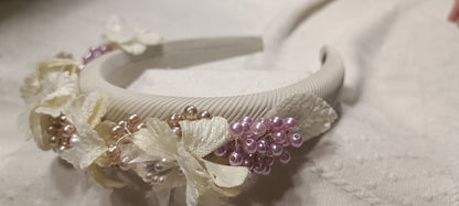 Diadema Flores Terciopelo Blanco